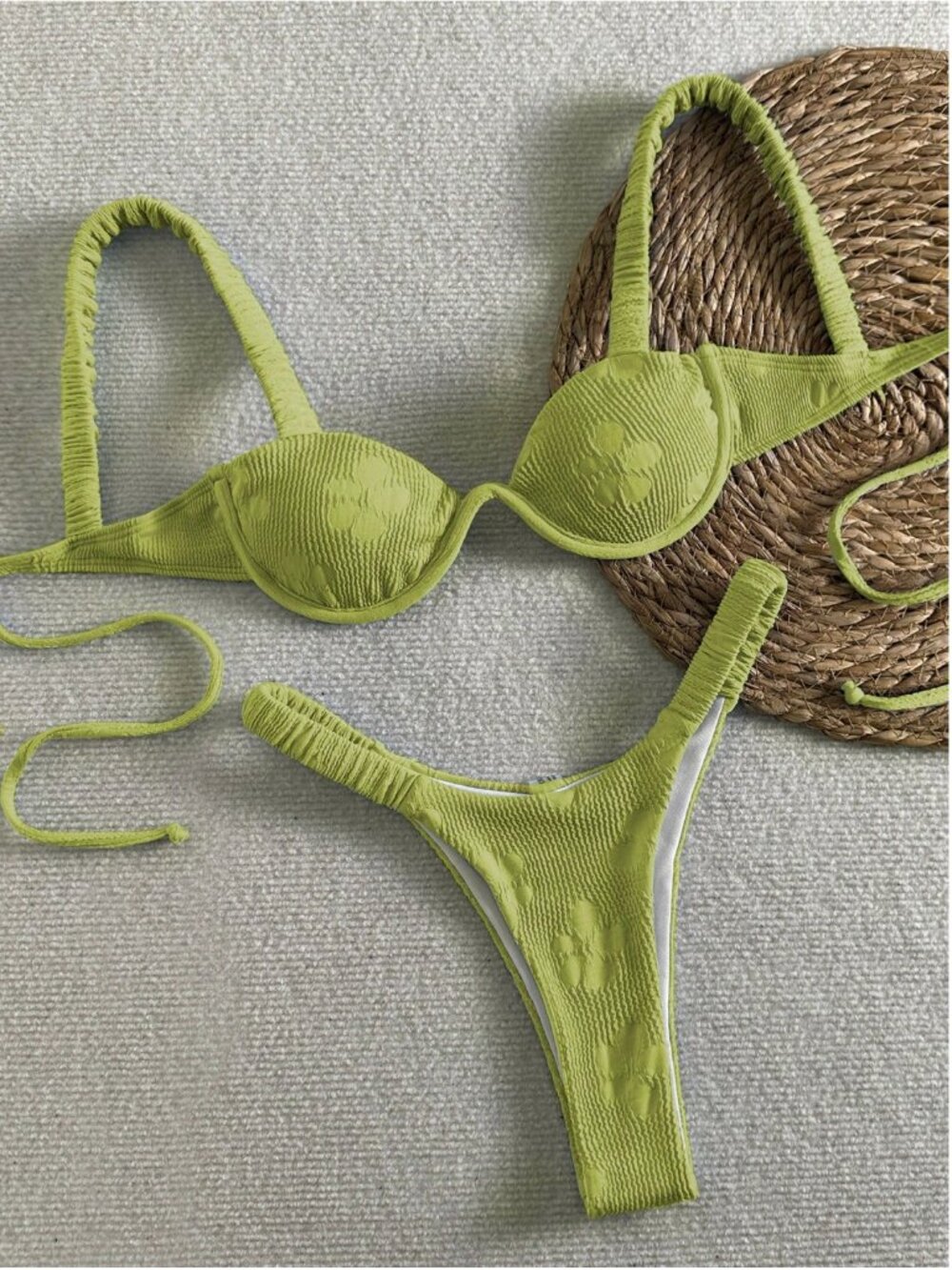 SHEIN Green Floral Textured Ruched Strap Bikini Set - Small